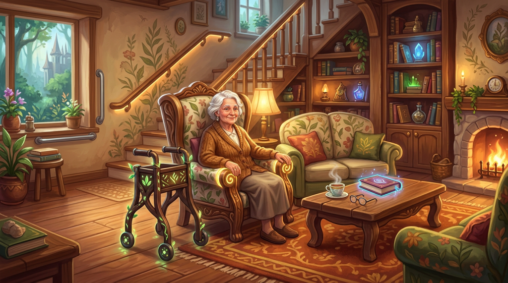 Elderly woman sitting in an armchair in a cozy living room with magical glowing elements